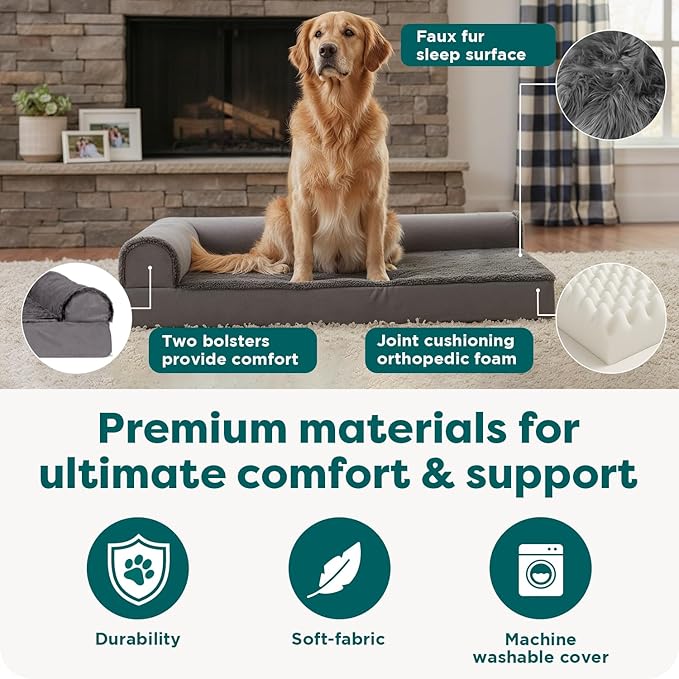 FurHaven Orthopedic Dog Bed for X-Large Dogs, L-Shaped Chaise Mattress with Egg Crate Orthopedic Memory Foam for Joint Support, Removable Washable Cover, Jumbo/XL, Plush & Velvet, Platinum Gray