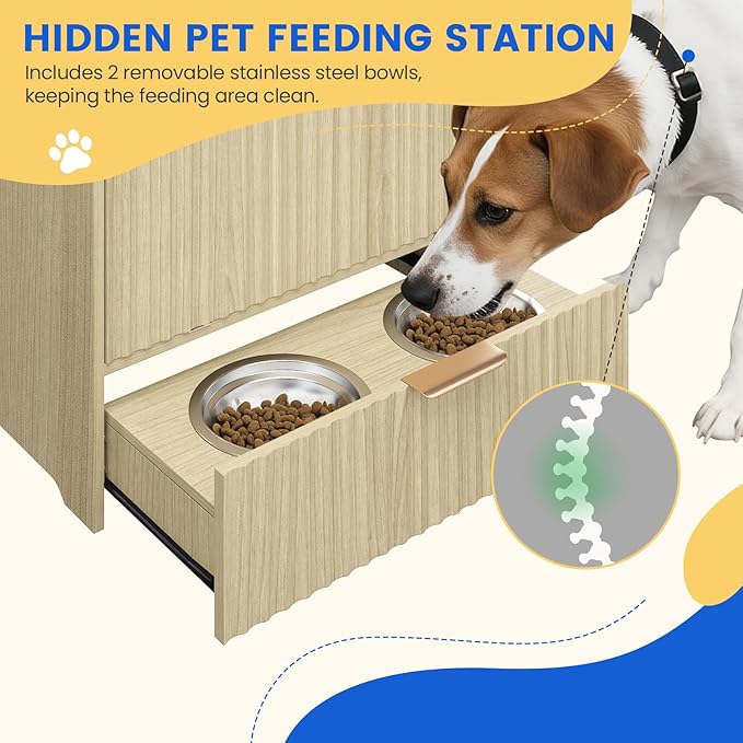 Erinnyees Dog Feeding Station, Dog Food Storage Container with Raised Bowls, Pet Feeder Station Food Cabinet for Toy Feeding Watering Supplies, Natural