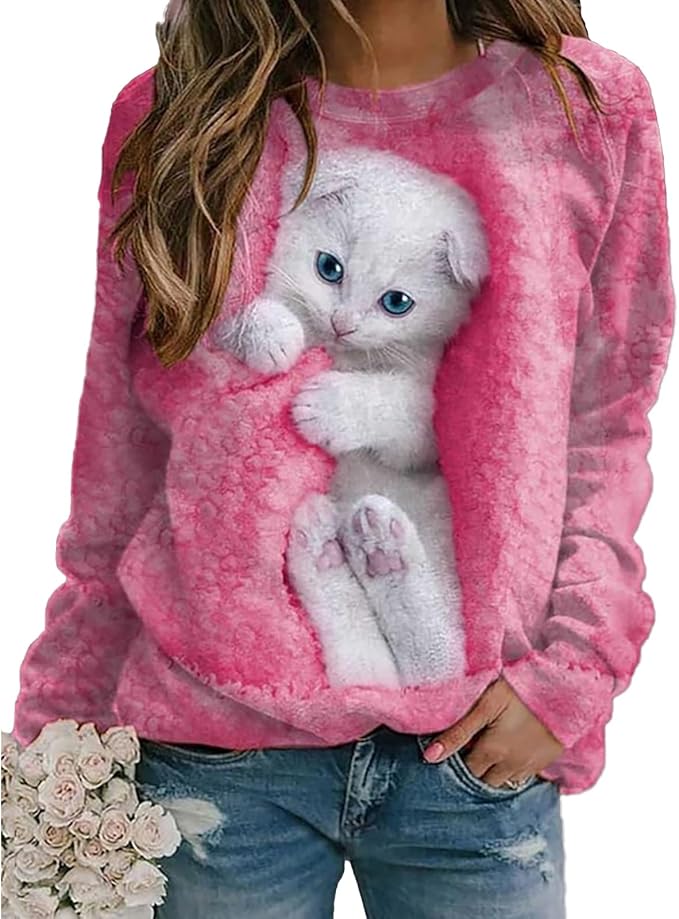Women's Cat Print Long Sleeve Shirt Cute Casual Crewneck Pullover Top Lightweight Funny Graphic Tee