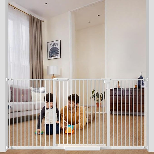 WAOWAO 1.37" Ultra Narrow Spacing Extra Wide Dog Pet Gate 61.61-69.48" Pressure Mounted Walk Through Double Lock Swing Auto Close Safety White Metal Toddler Baby Puppy Pet for Indoor,Doorway,Kitchen
