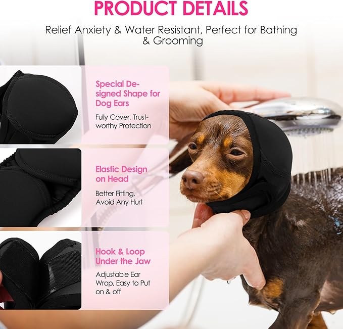 KOESON Dog Calming Hoodie - No Shake Ear Wraps for Dogs, Anxiety Relief & Noise Protection, Water Resistant Pet Ear Cover Muffs for Thunderstorms, Swimming, Firework, Grooming, Bathing, Black M