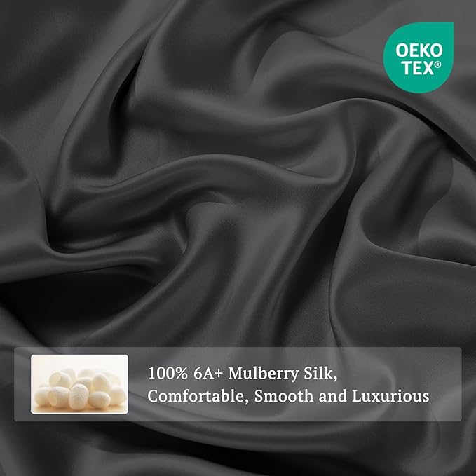 THXSILK Silk Sheet Set 4Pcs, 6A+ Top Grade 100% Natural Mulberry Silk Bed Sheets, Luxury Bedding Sets Ultra Soft Durable Cooling, 1 Fitted Sheet, 1 Flat Sheet and 2 Pillow Shams (Full, Black)