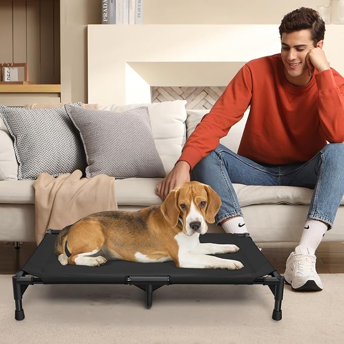 Love&go Elevated Dog Bed with Metal Frame, Cooling Raised Pet Cot for Dog and Cat (Medium-29.9x19.5x5.5 inch, M - Black Bed)