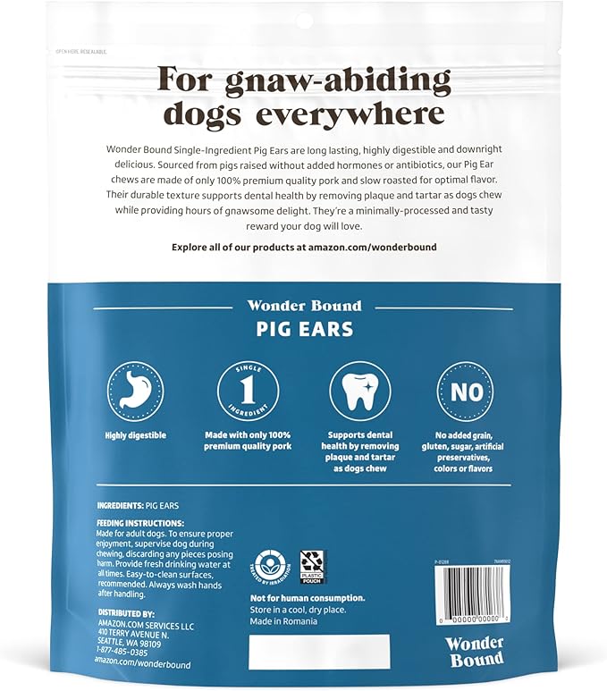 Amazon Brand – Wonder Bound Whole Pig Ears Dog Treats, Pork, 6 ounce, 6 Count (Pack of 1)