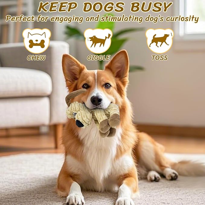 MeetYooo Squeaky Stuffed Dog Toys, Chew Toy for Large Medium Small Breeds, Plush Dog Toys to Keep Them Busy, Puppy Teething Dog Toy, Crinkle Dog Toy (Khaki Dog)