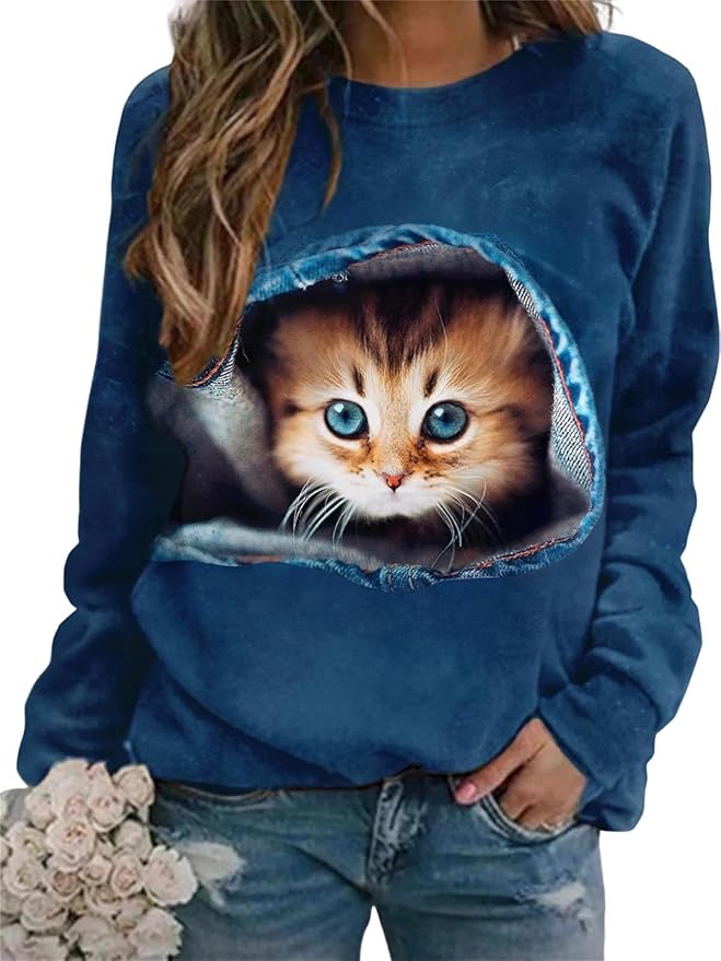 IVERIRMIN Womens 3D Cat Crewneck Sweatshirts Casual Cute Long Sleeve Shirts Pullover Tops Graphic Loose Fit Sweater for Women