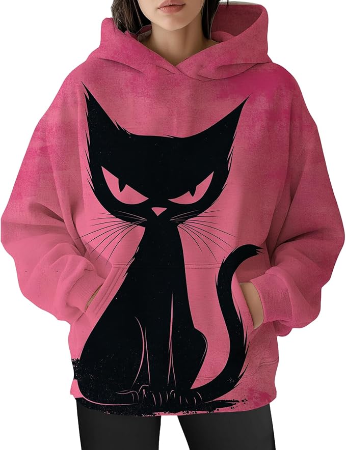 Womens Cat Print Hoodies Trendy Funny Cat Graphic Long Sleeve Sweatshirt Y2k Streetwear Hooded Pullover Tops