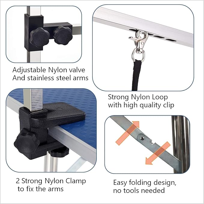 Pet Dog Grooming Table, Adjustable Large Heavy Duty Professional Foldable Trimming Stage with Arms, Noose, Mesh Tray, Maximum Capacity Up to 330LBS, 42''/Blue