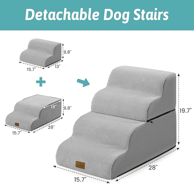 Dog Stairs for Small Dogs 19.7" H, Detachable Dog Step for Puppy or Older Cat, Ramp for Bed, Sofa, Couch or Chair, Ladder with High Density Foam, 15.7x28.3x19.7 inch, 4 Step, Grey