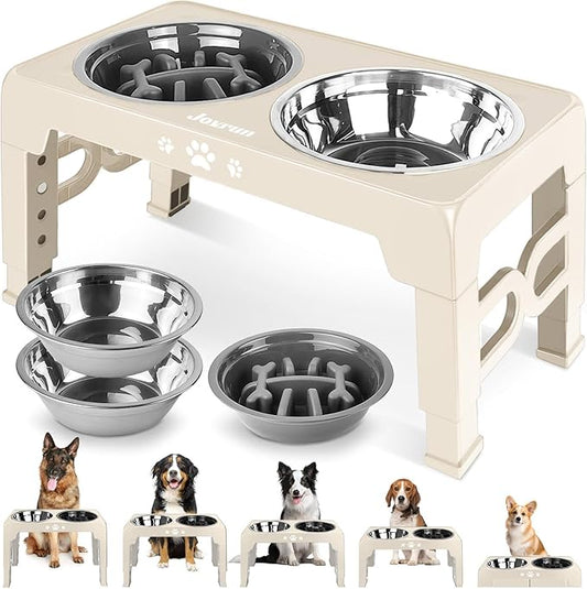 Elevated Dog Bowls, Dog Feeder with Stainless Steel Dishes & Slow Feeder Bowl, 5 Heights Adjustable Raised Stand for Medium Large, Food Dishes with Non-Slip Feet