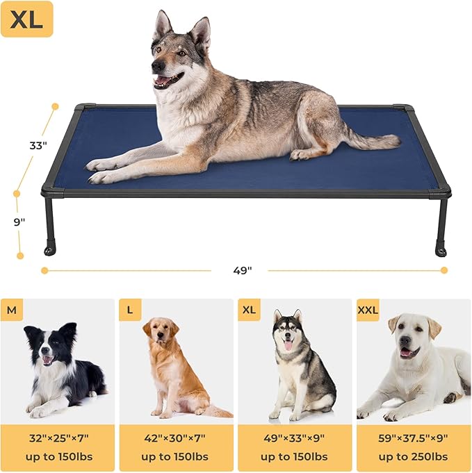 Veehoo Chewproof Elevated Dog Bed - Cooling Raised Pet Cot, Breathable Mesh, Washable & Non-Slip for Large Dogs, Indoor/Outdoor, Blue Mat and Black Frame, 49x33inches (Model CWC2203A03)
