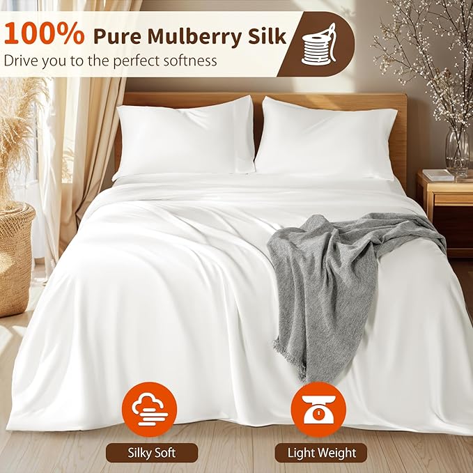 LBRO2M 100% Mulberry Silk Satin Sheets Set Queen Size Silk Fitted Sheet16 Deep Pocket Cool Bedding Sheet 4 Piece Wrinkle Resistant (Queen, White)