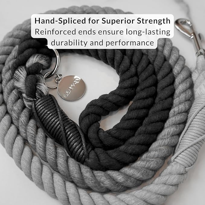 DJANGO Cotton Rope Dog Leash 5ft – Handcrafted Dog Leash and Black Ombre Braided Leash for Small, Medium, and Large Dogs – Stylish Durable 5 Foot Training Lead with Silver Hardware – Poppy Seed Gray
