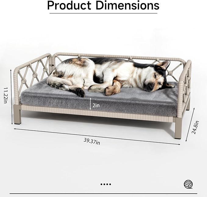Dog Bed with Cushion, Cooling Elevated Raised Beds with Rattan Breathable Mesh and Universal Mat, Indoor & Outdoor Pet Cots for Large Dog, Grey