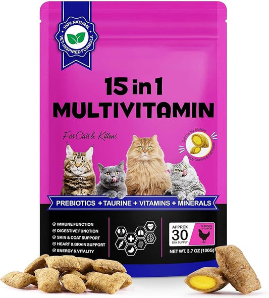 Cat Multivitamin Crunchy & Creamy Chews, Cat Treats Support for Immune, Joint, Skin & Coat, Digestion, Heart & Eyes, Cats Vitamins Supplements with Taurine for Cats Kittens - Chicken Flavor
