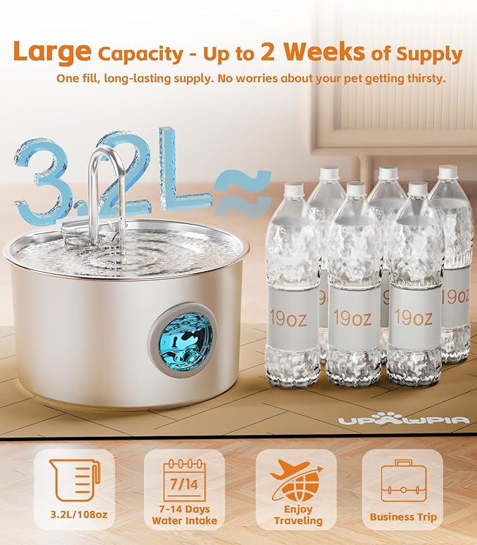 UPAWPIA 3.2L Cat Water Fountain Stainless Steel with 20 Filters Automatic Pet Water Fountain for Cats/Dogs Indoor Ultra Quiet Metal Cat Fountains for Drinking Kitty Watering Supplies for Animals