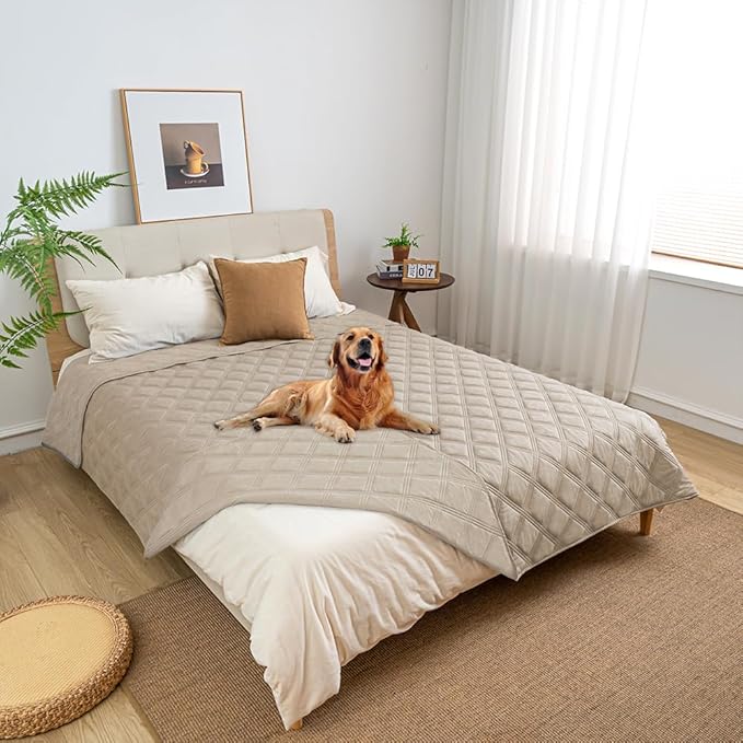fuguitex Waterproof Dog Blanket Reversible for Small Dogs Resistant Leakproof Washable Couch Cushion Bed Protector Cover for Indoor Furniture Pet Friendly（52"*82",Brown+Khaki+Khaki