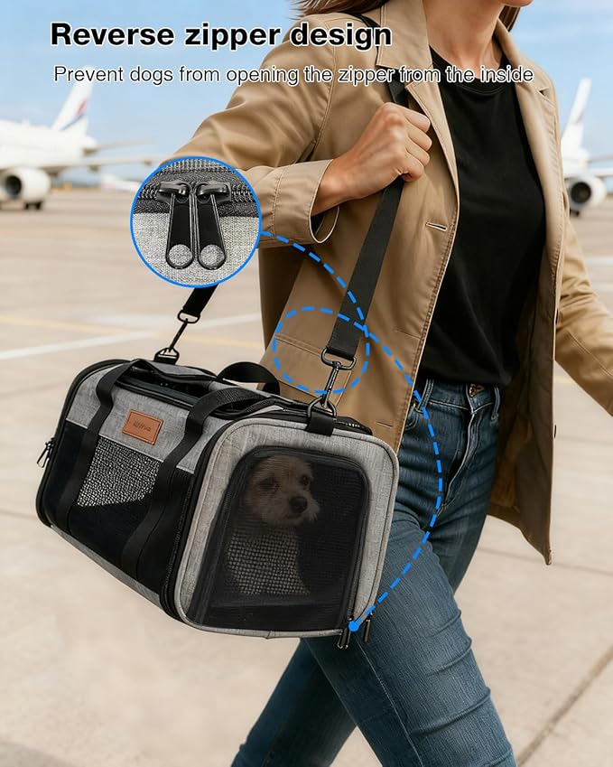 Dog Carrier Airline Approved - 17"×11"×9.5", Underseat, Under 10 lb, Top & Side Entry, Soft Sided Pet Carrier with Anti-Scratch Mesh for Small Dogs - Ideal for Travel and Vet Visit - Grey