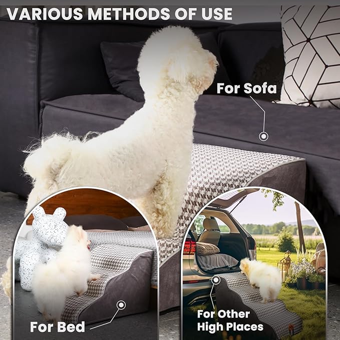 Laifug Curved Dog Stairs for Small Dogs, 4-Step Pet Stairs for High Beds and Couch, Non-Slip Balanced Dog Indoor Step with High Density Foam, Houndstooth Double Layer Dog Staircase