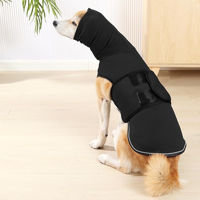 ROZKITCH Dog Calming Hoodie, Anti-Anxiety Vest for Storms & Fireworks, Adjustable Breathable Dog Shirt with Ear Wrap for Comfort Black M