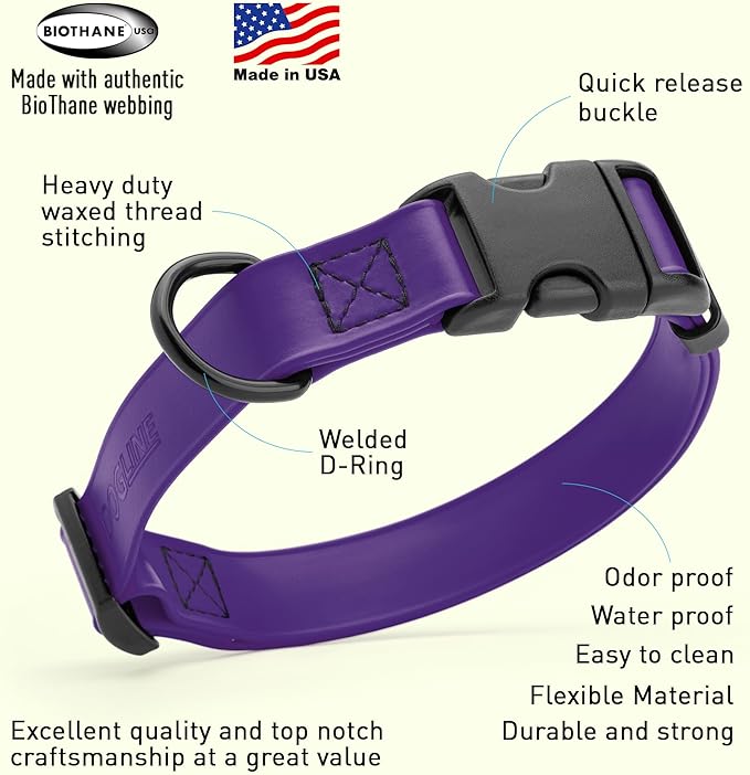 Dogline Durable Biothane Waterproof Collar for Dogs - Odor-Resistant Coated Webbing, Quick-Release Design, Comfortable Adjustable Fit, 1" W by 15-25" L,Violet Purple