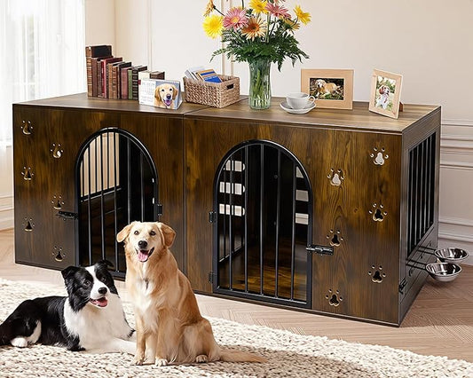 Dog Crate Furniture for 1 or 2 Dogs, Heavy Duty Single/Double Dog Kennel with Bowls, Farmhouse Wood Metal Dog Cage for Small/Medium/Large Dogs, Brown