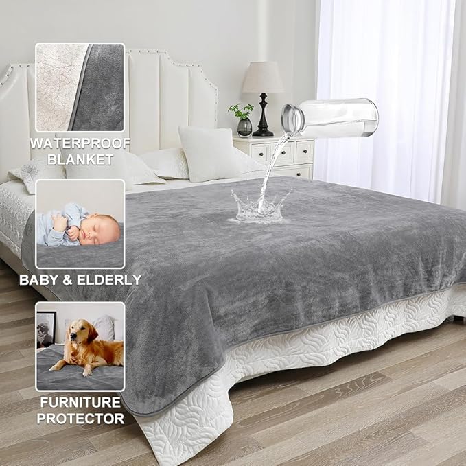 Waterproof Blanket for Couples – Ideal for Couch & Bed Splash Proof Sherpa Throw, Leakproof TPU Layer, Stain Resistant Washable Bed Protector – Light Gray, 80" x 60"