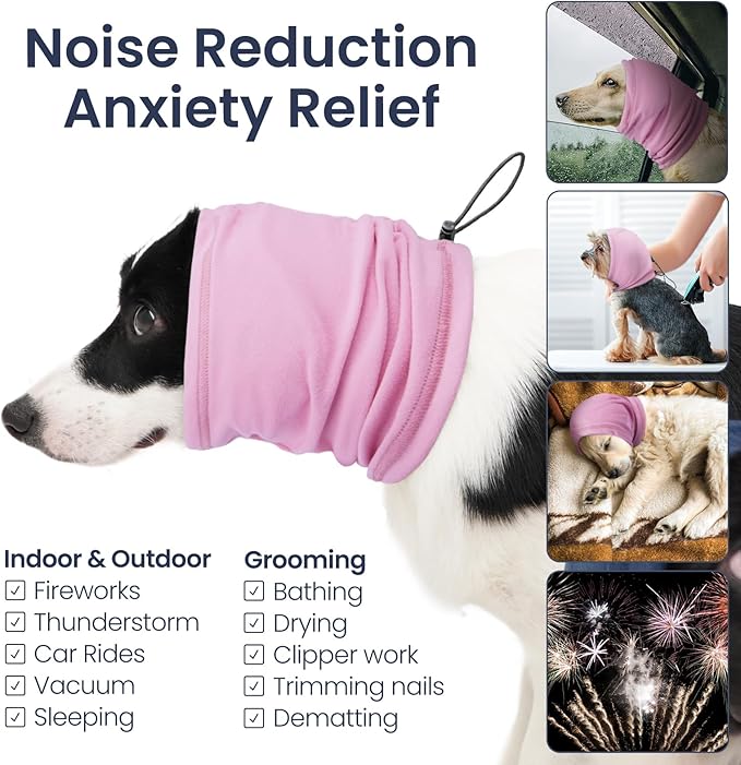 Nanaki Dog Ear Muffs, Calming Head Wraps for Noise Protection, Anti-Slip Adjustable Dog Ear Covers, Pink, S (Head Girth: 8"-10"), Polyester