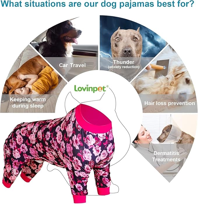 LovinPet Puppy Surgical Pajamas for Girls Dogs - Pet Anxiety Relief Onesies, Comfy Stretchy Fabric, Berry Roses Print, Big Dog Surgery Recovery Pajamas, Girl or Boy Dog Party Apparel,Pink XXL