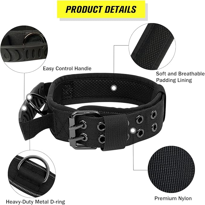 Tactical Dog Collar with Handle - Military Adjustable Dog Training Collar Soft Nylon and Heavy Duty Metal Buckle for Medium Large Dogs - with Patch (Green with Patch, Large)