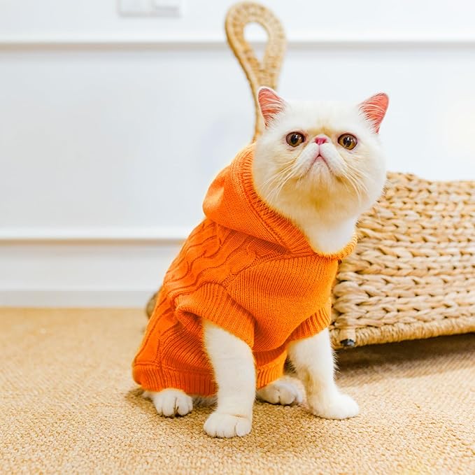 PUPTECK Winter Dog Cat Sweater Coat - Soft Cold Weather Clothes Knitwear for Kitties & Small Dogs Indoor Outdoor Walking Warm, Knitted Classic for Doggies Kitties Girls Boys, Orange L