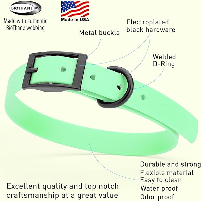 Dogline Biothane Coated Webbing Dog Collar with Black Metal Hardware: Durable Easy-Clean Everyday Collar for Dogs - Comfortable Adjustable Odor-Resistant Pet Collar, W3/4" x L15-18, Sea Foam Green