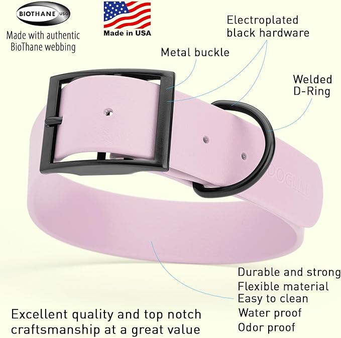 Dogline Biothane Coated Webbing Dog Collar with Black Metal Hardware: Durable Easy-Clean Everyday Collar for Dogs - Comfortable Adjustable Odor-Resistant Pet Collar, W1.5 x L20-24", Pastel Purple