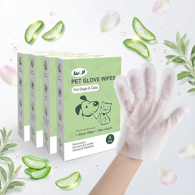 WLP Pet Glove Wipes for Dogs & Cats, Individually Wrapped Cleaning Deodorizing Hypoallergenic Hydrating Grooming Wipes, Enriched with Aloe & Jojoba Oil for Daily Care, Traveling (24 PCS)