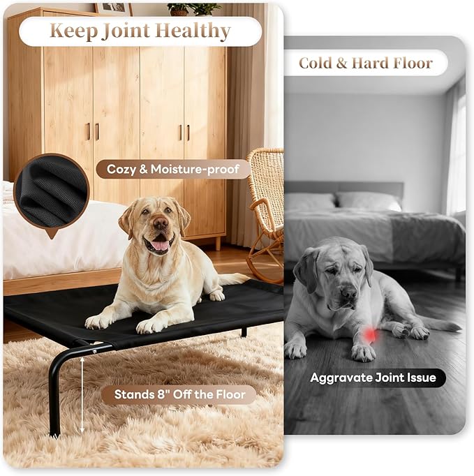 Elevated Dog Bed for Large Dogs, Washable Raised Cot with Skid-Resistant Feet, Waterproof Cooling Dog Beds with Oxford Cloth, Indoor/Outdoor Use, Black 50in