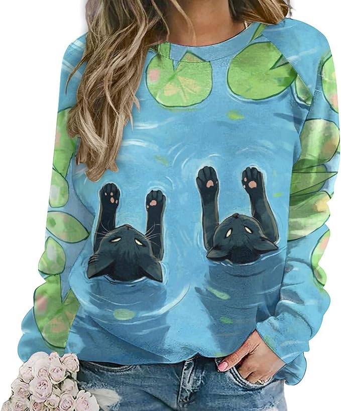 Womens novelty funny cat printed crewneck sweatshirt casual loose long sleeve graphic pullover sweatshirts tops