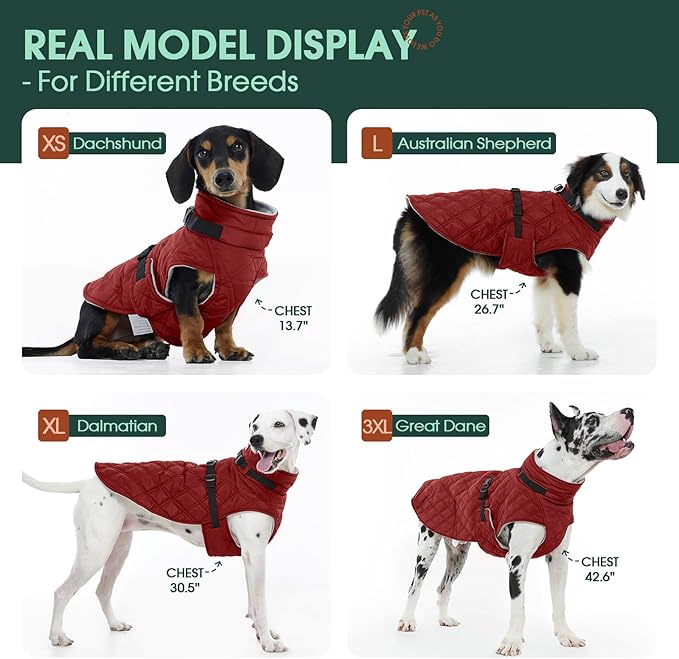 Kuoser Dog Coat Warm Fleece Lining Turtleneck Dog Jacket with Harness Built-in, Adjustable Windproof Cold Weather Coats with Quick Release Buckle Pet Winter Snowsuit for Extra Small Dogs, Red XS