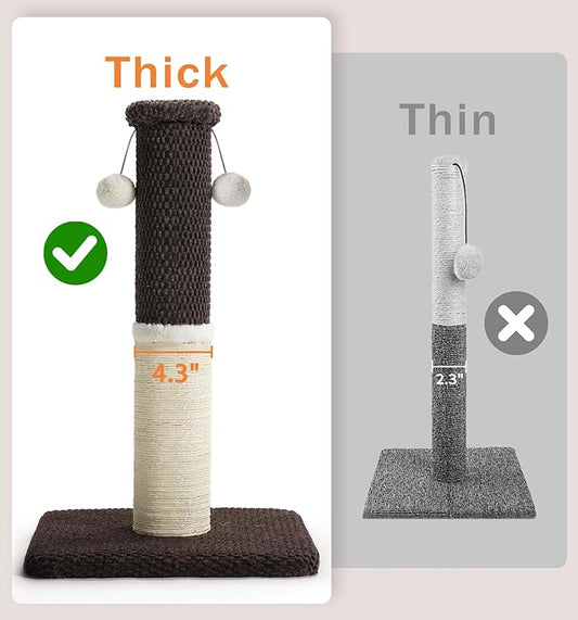 Made4Pets Tall Cat Scratching Post, Heavy Duty and Thicker Scratching Posts for Indoor Cats Adults, 33" Natural Sisal Cat Scratcher with Hanging Balls, Sturdy Base Cat Scratch Post, Brown