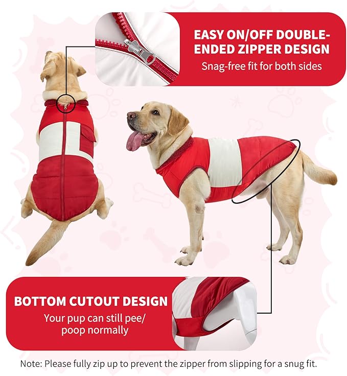 Reversible Dog Winter Coat, Waterproof Warm Fleece Sweater Windproof Lightweight Pet Snow Jacket for Medium Large Dogs with Double Ended Zipper, Cold Weather Dog Coat,Christmas Red, XXL