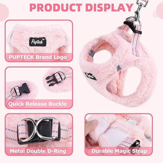 PUPTECK Adjustable Dog Harness Collar and Leash Set Step in No Pull Pet Harness for Small Medium Dogs Puppy and Cats Outdoor Walking Running, Soft Mesh Padded Reflective Vest Harnesses, Plush Pink XS