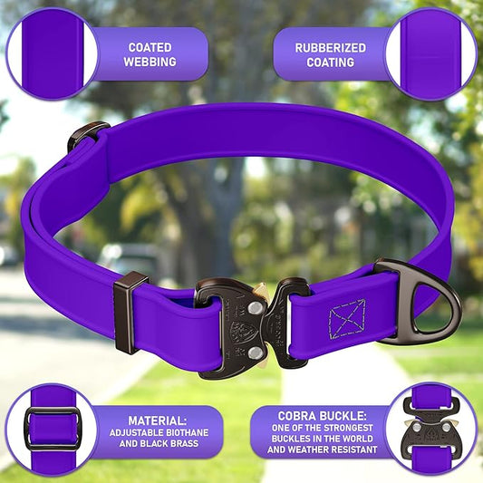 Biothane Dog Collar - Adjustable Heavy Duty for Medium Large Dogs - Waterproof Military Grade - Cobra Buckle, QR Code Dog Tag ID Included