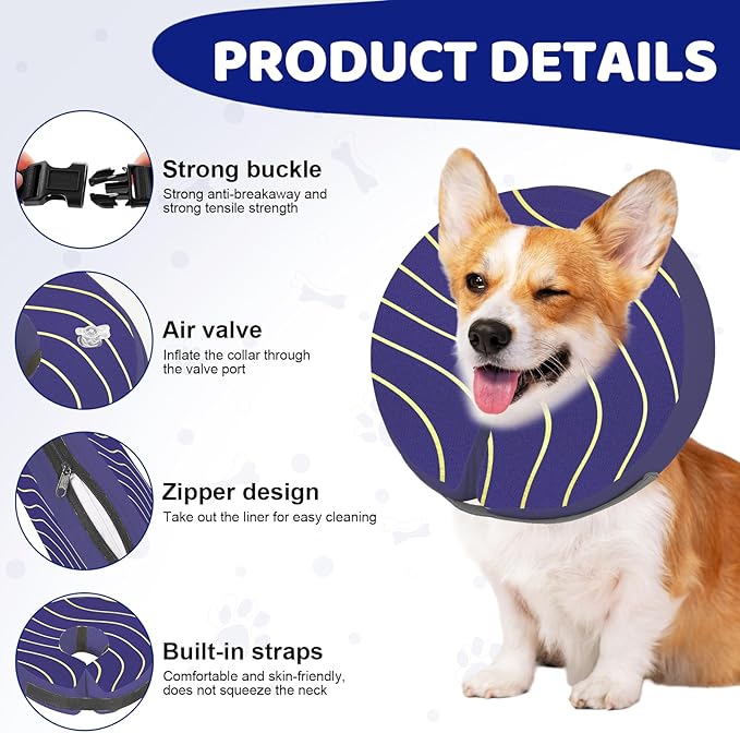 Adjustable Inflatable Dog Cone Collar for Surgery Recovery, Soft Cone for Dogs & Cats, Portable & Washable Dog Donut Collar, Large Cat Cone E Collar (Indigo L)