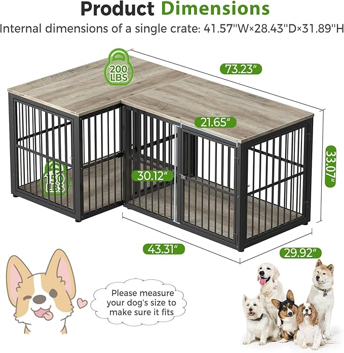 Lyromix 43'' L-Shaped Corner Dog Crate Furniture Large Breed with Double Rooms,Wooden Dog Crate End Table Indoor with Removable Divider for Small to Medium Dogs, Can Use Separately
