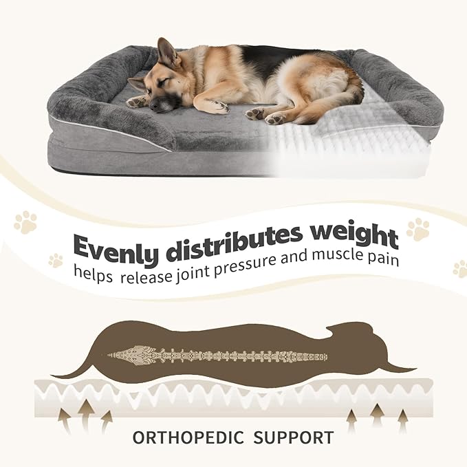 Dog Bed Waterproof Medium/Large Sized XL Foam Pet Beds Removable Washable Cover Dog Sofa Egg Crate Foam Support with Zipper Bottom Bolster Deluxe Plush Mat (38.2x30.3x7.5in+Grey)