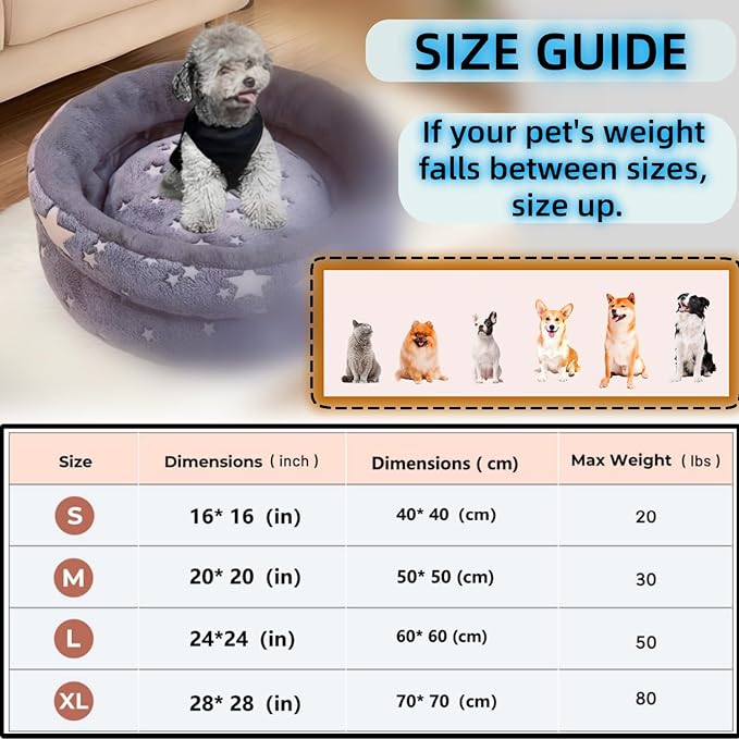 Dog beds，Cats beds， for Small Indoor Outdoor Dogs Cats Fluffy ，Calming，Round beds，Anxiety，Washable，with Anti-Slip Bottom，Dark Grey-Small