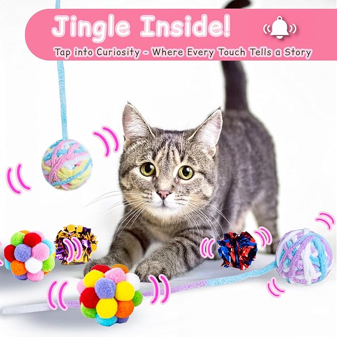 Zeeptix Cat Toys Balls 12Pcs Yarn Cat Balls with Bells Inside, Interactive Kitten Chew Toys for Indoor Kittens Kitty,Muticolor, Crinkle Toys Set，1.7 inches