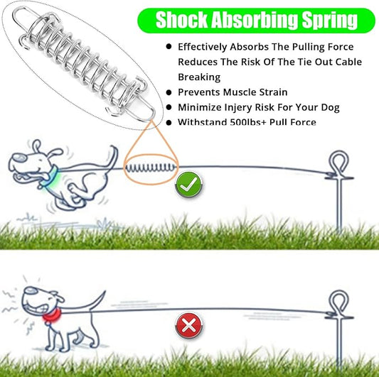 jenico Dog Tie Out Cable, 10/15/20/30/40/50/70/100/150FT Runner Cable with Swivel Hook and Shock Spring, Dog Leash Run Tether for Yard Outdoor and Camping,for Small to Medium Pets Up to 500 LBS