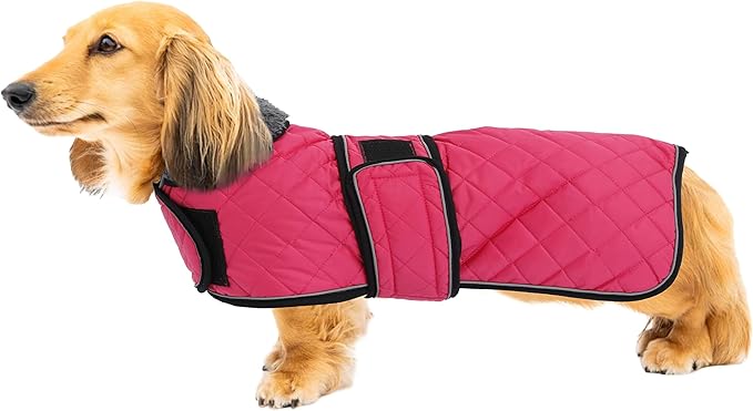 Geyecete Warm Thermal Quilted Dachshund Coat, Dog Winter Coat with Warm Fleece Lining, Outdoor Dog Apparel with Adjustable Bands for Medium, Large Dog-Pink-XS