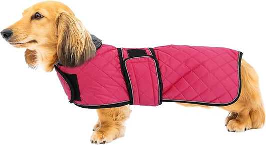 Geyecete Warm Thermal Quilted Dachshund Coat, Dog Winter Coat with Warm Fleece Lining, Outdoor Dog Apparel with Adjustable Bands for Medium, Large Dog-Pink-XS