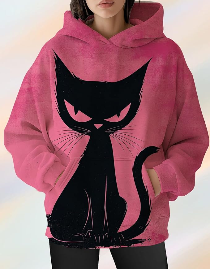 Womens Cat Print Hoodies Trendy Funny Cat Graphic Long Sleeve Sweatshirt Y2k Streetwear Hooded Pullover Tops